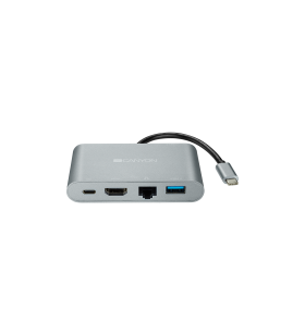 Canyon ds-4 multiport docking station with 5 ports: 1*type c male+1*hdmi+1*rj45+2*usb3.0, input 100-240v, output usb-c pd 60w&usb-a 5v/1a, cabel length 0.11m, rubber coating, space grey, 93*54*17mm, 0.075kg