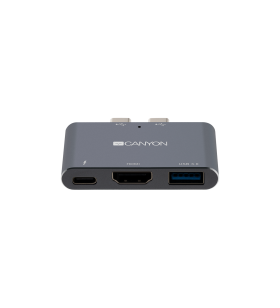 Canyon multiport docking station with 3 port, with thunderbolt 3 dual type c male port, 1*thunderbolt 3 female+1*hdmi+1*usb3.0. input 100-240v, output usb-c pd100w&usb-a 5v/1a, aluminium alloy, space gray, 59*35.5*10mm, 0.028kg