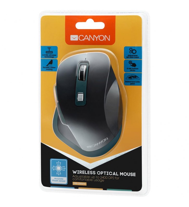 Canyon 2.4ghz wireless mouse, with 6 buttons,dpi 800/1200/1600/2000/2400,battery:aaa*2 pcs , black-blue 119.6*81.1*43.3mm86.8g