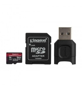 Kit memory card kingston canvas react plus microsd 64gb, cl10 + card reader, usb, black