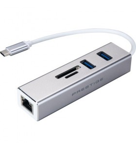 Hub USB MSI Prestige Type C Multi-port, 2x USB 3.0, 1x SD Card, 1x Lan, Grey