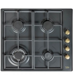 Plita gaz, control butoane lateral, 3 arzatoare + 1 wok, aprindere integrata, suport vase din fonta, siguranta plita, 60 cm latime, culoare butoane bronz,  culoare antracit