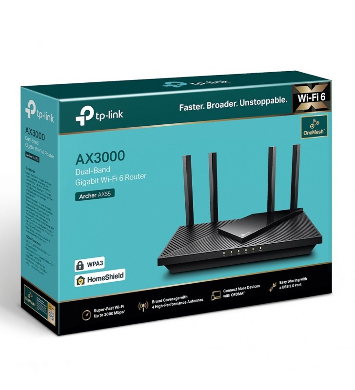 Tp-link archer ax55 router wireless gigabit ethernet bandă dublă (2.4 ghz/ 5 ghz) negru