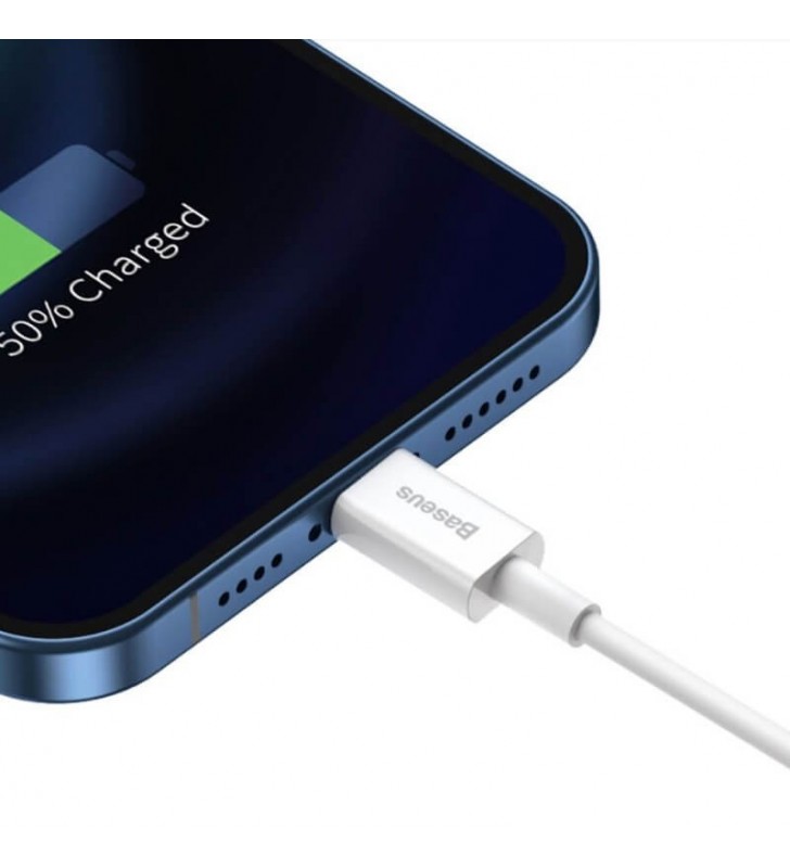 Cablu alimentare si date baseus superior, fast charging data cable pt. smartphone, usb la lightning iphone 2.4a, 1.5m, alb "calys-b02" (include tv 0.06 lei)