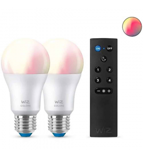 Pachet 2 becuri led inteligente wiz connected a60, wi-fi + bluetooth, e27, 8w (60w), lumina alba si colorata + telecomanda