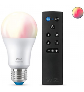 Bec led rgb inteligent wiz connected a60, wi-fi, bluetooth, e27, 8w (60w), lumina alba si colorata, telecomanda